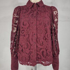 NWT Nanette Lepore burgundy dark red lace button front shirt blouse ladies Small
